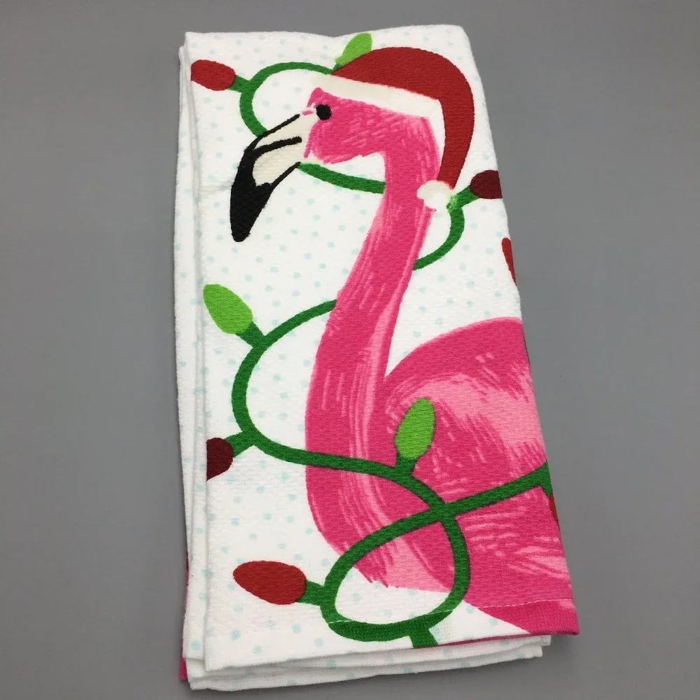 x2 Sigrid Olsen Christmas Lights Flamingo Kitchen Towel Set Santa Hat Tropical